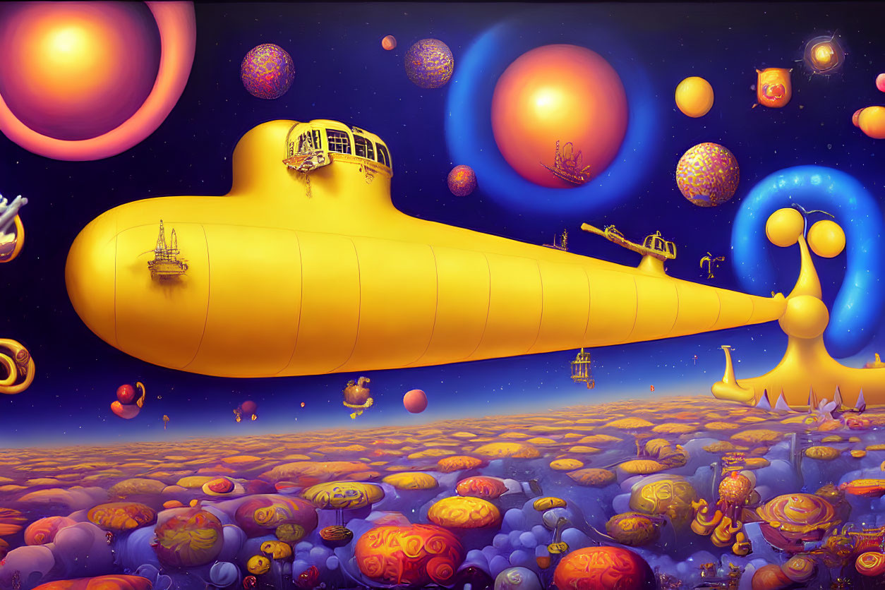 Colorful yellow submarine in whimsical space with planets and stars.