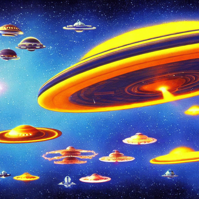 Colorful sci-fi scene: fleet of flying saucers near ringed planet in space