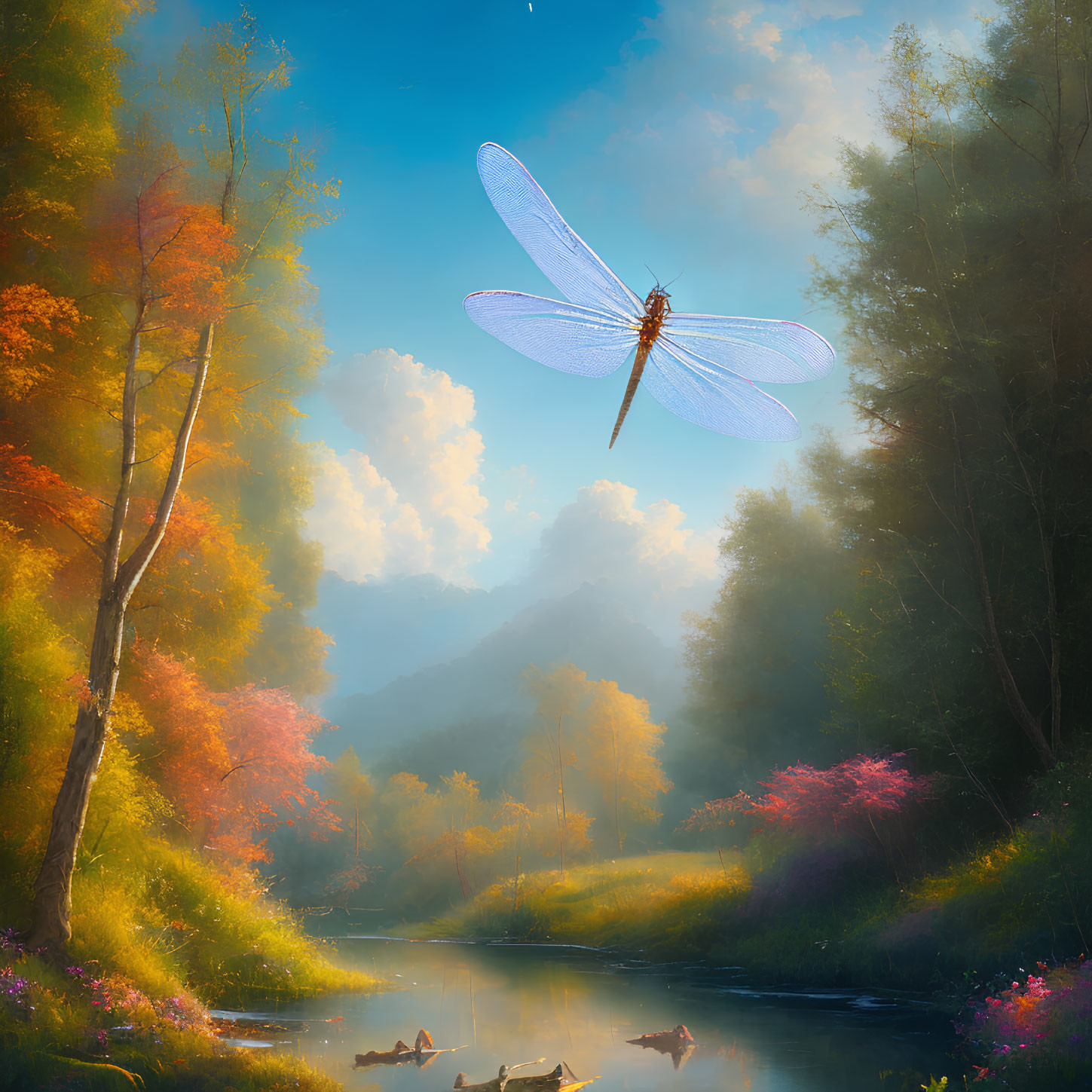 Colorful dragonfly over forest stream with autumn sunlight.