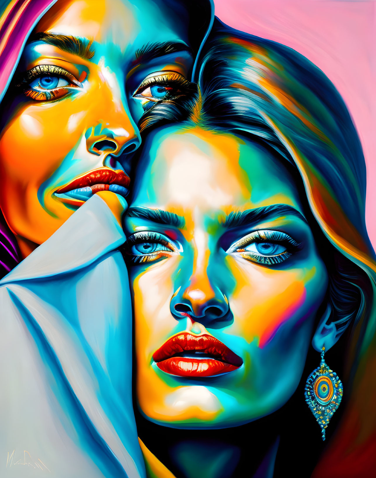 Intense gaze portrait of two women with bold colors and detailed earring