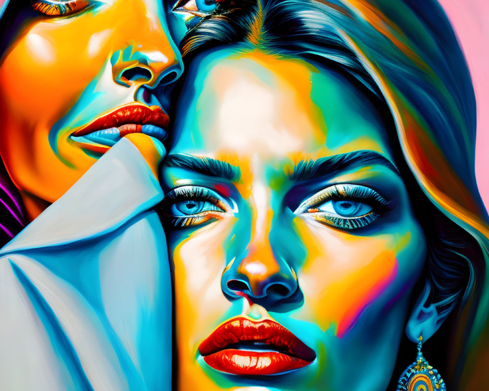 Intense gaze portrait of two women with bold colors and detailed earring