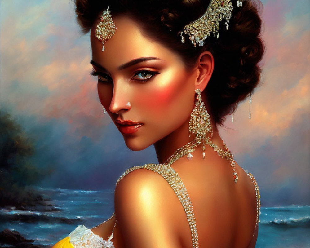 Striking woman with intricate jewelry on soft, impressionistic background