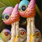 Colorful anthropomorphic bird creatures in surreal tropical painting