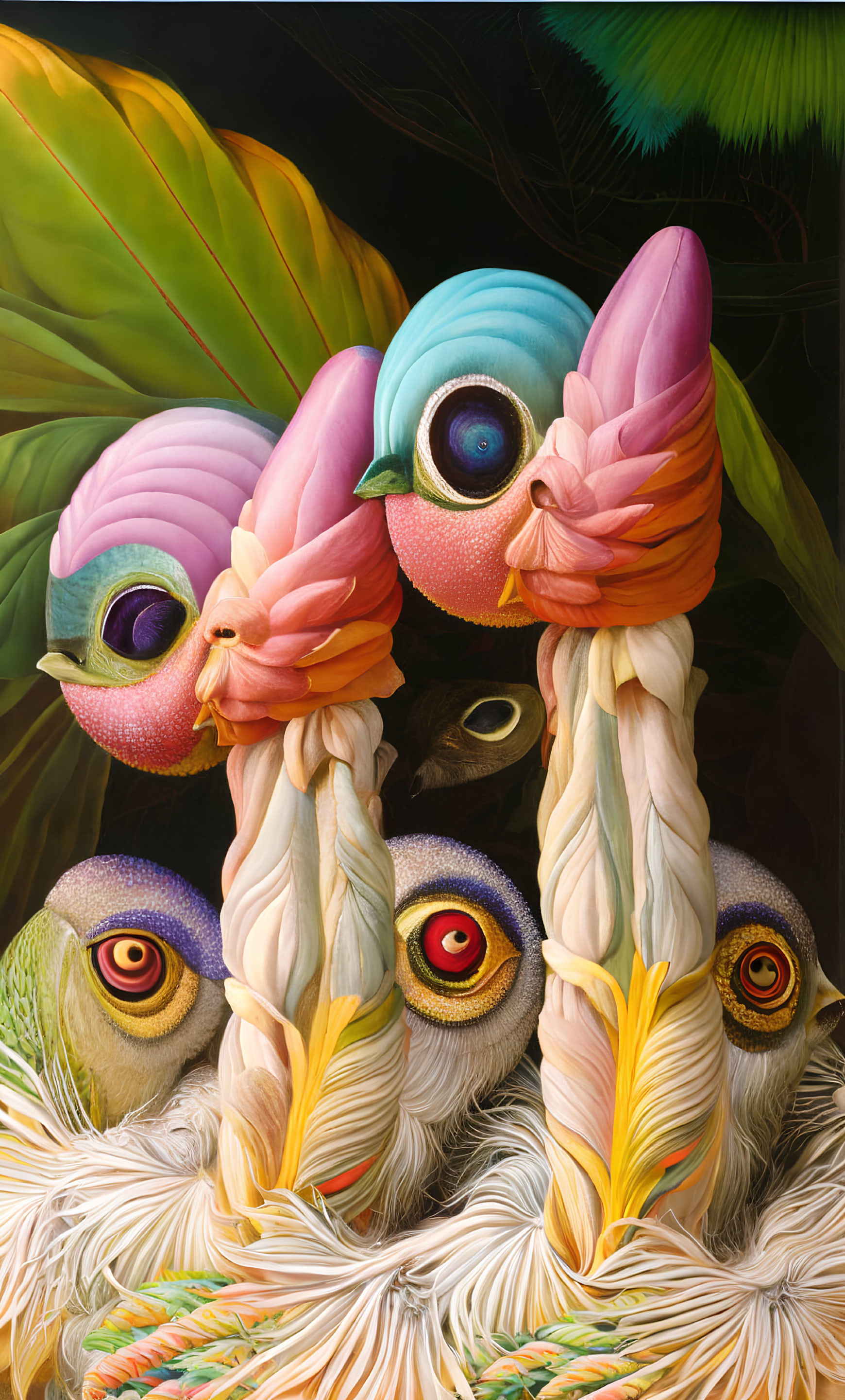 Colorful anthropomorphic bird creatures in surreal tropical painting