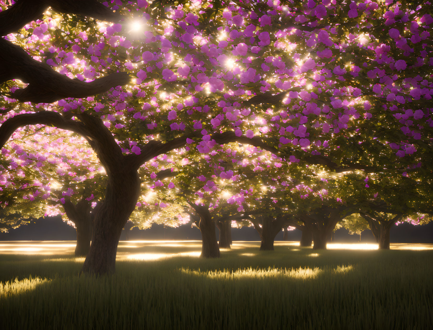 Pink cherry trees bloom under sunlight in lush meadow.