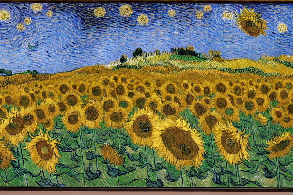 Vibrant sunflower field painting under starry night sky