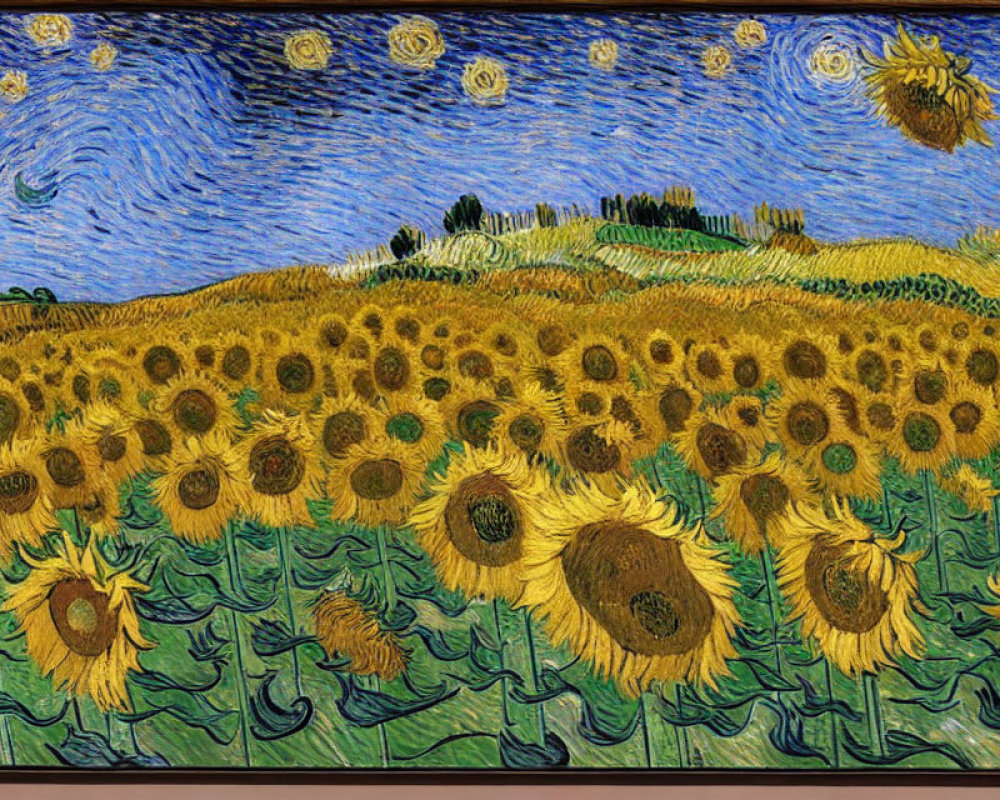 Vibrant sunflower field painting under starry night sky