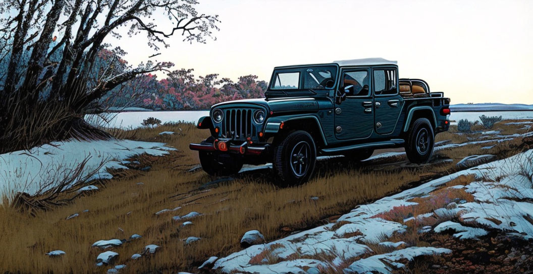 Vintage Green Jeep with Wood Panels Parked on Snowy Path by Lake