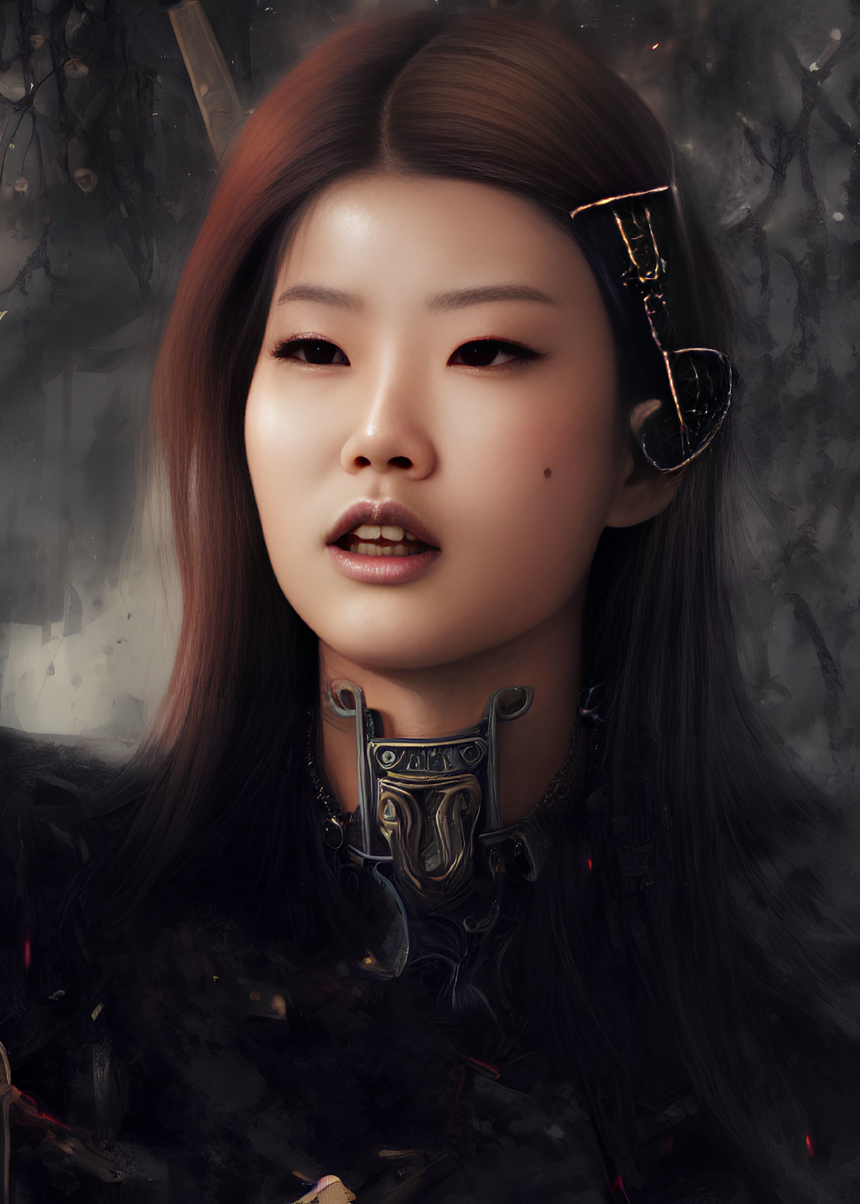 Digital Portrait: Asian Woman with Futuristic Earpiece and Metallic Collar