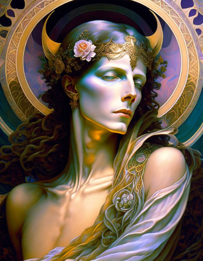 Ethereal figure with horns and halo, adorned with flowers and jewelry