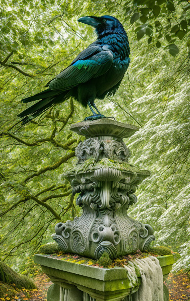 Black Raven Perched on Ornate Stone Pedestal in Green Foliage