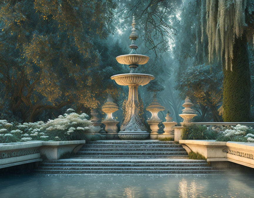 Tranquil garden fountain with three tiers and lush greenery