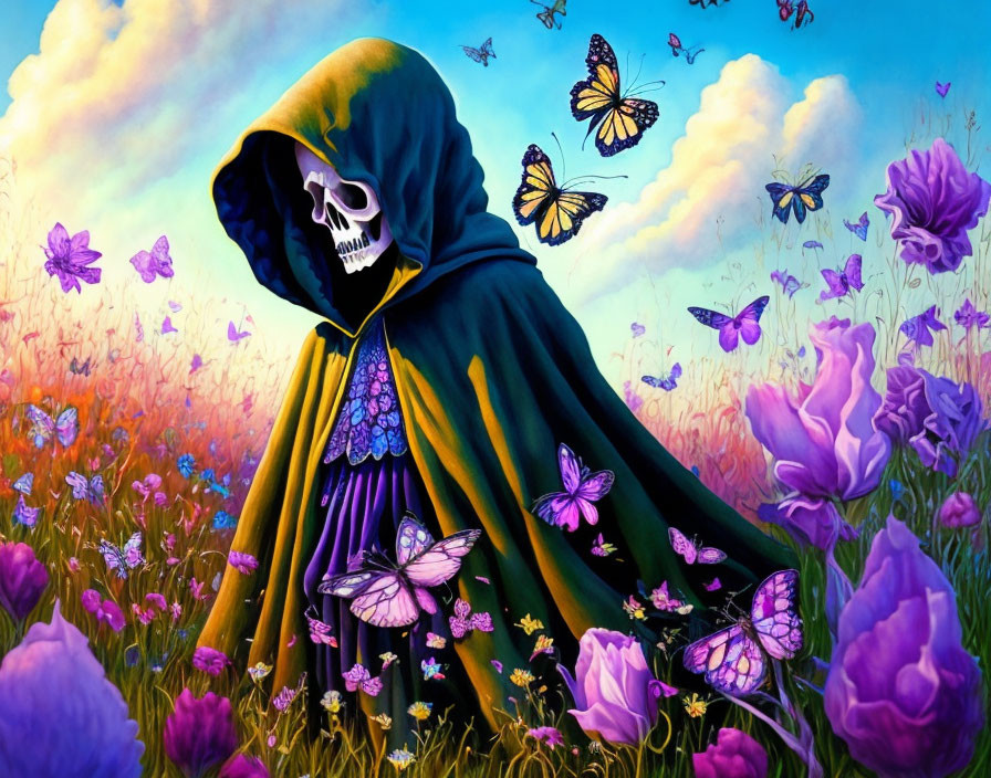 Skeleton in Hooded Cloak Among Purple Flowers with Butterflies