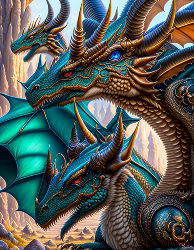 Three Majestic Blue Dragons with Prominent Horns and Scales Soar Among Rocky Cliffs