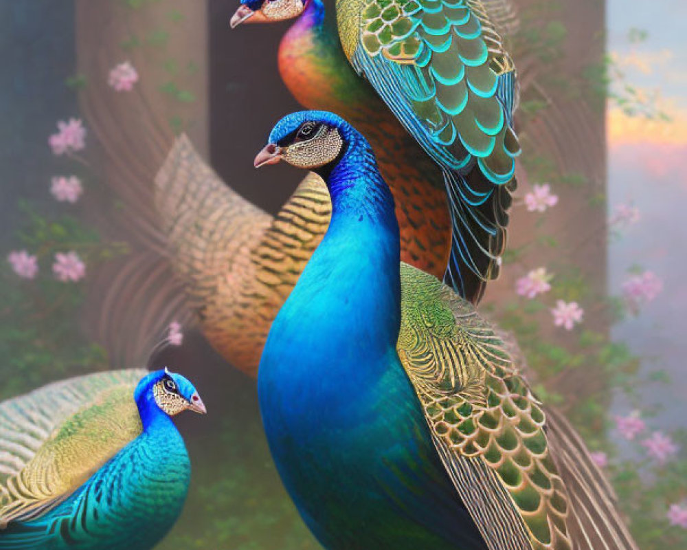 Vibrant peacocks with blue and green plumage in serene setting