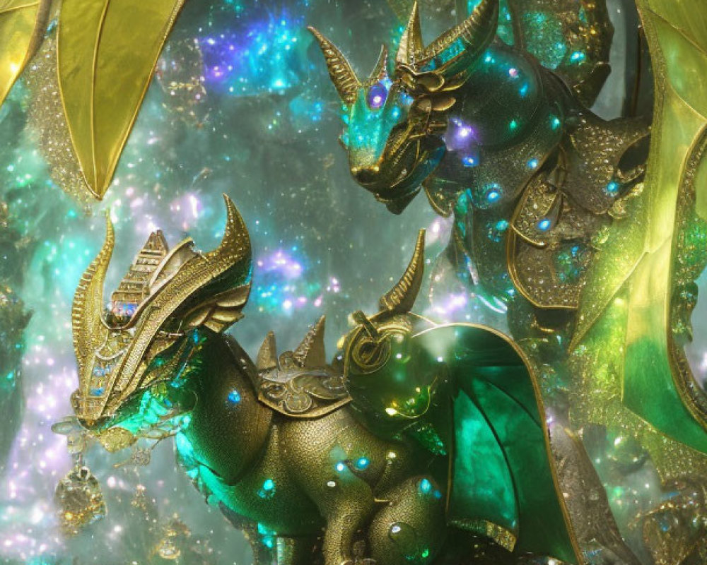 Majestic golden-green dragons with cosmic gems in background