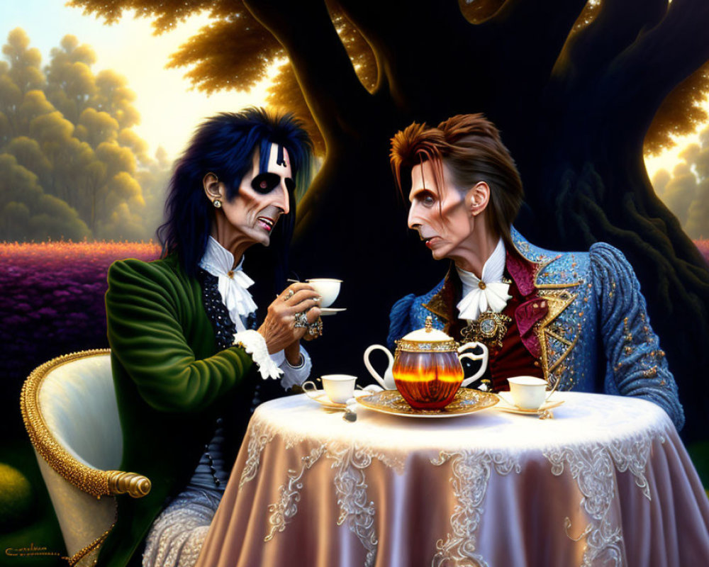 Stylized men in gothic makeup and 18th-century costumes in fantasy garden scene