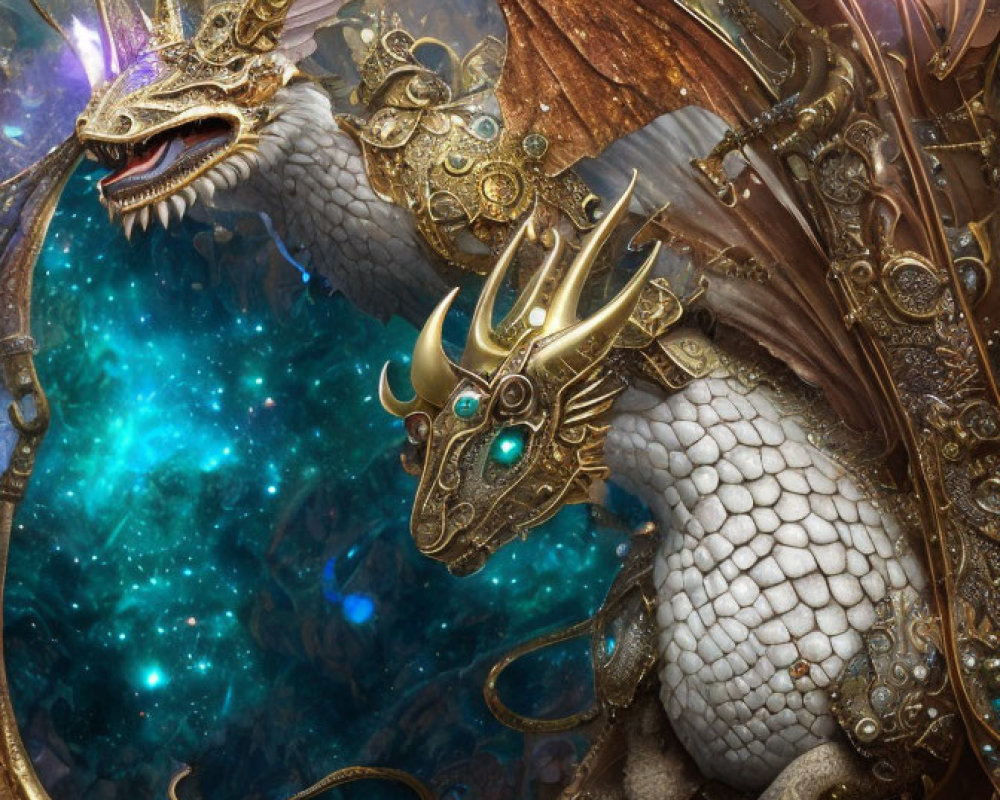 Detailed Golden-Accented Dragon in Cosmic Galaxy Setting