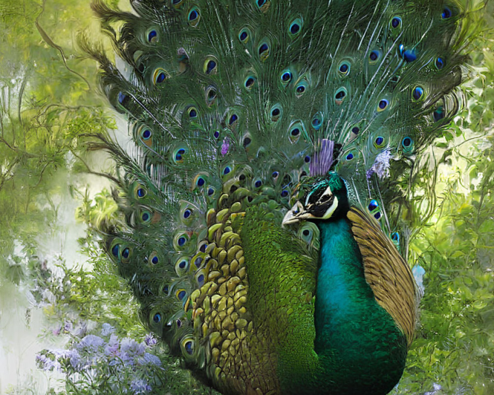 Colorful peacock among greenery and flowers in forest setting