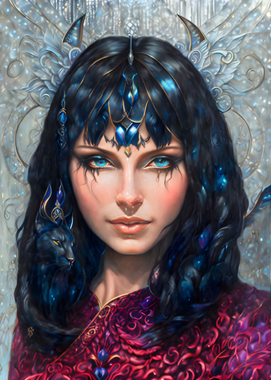 Blue-skinned woman in fantasy portrait with intricate headdress and horns.