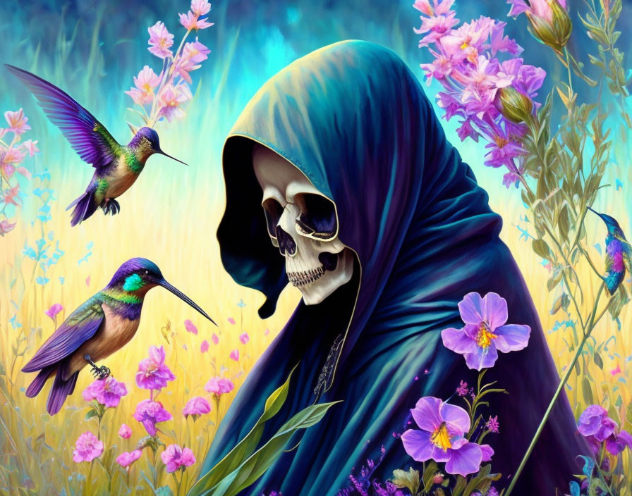 Skull in Blue Hooded Cloak Surrounded by Purple Flowers and Hummingbirds