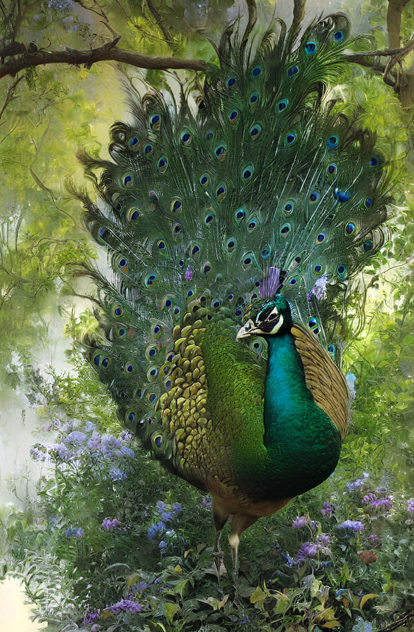 Colorful peacock among greenery and flowers in forest setting