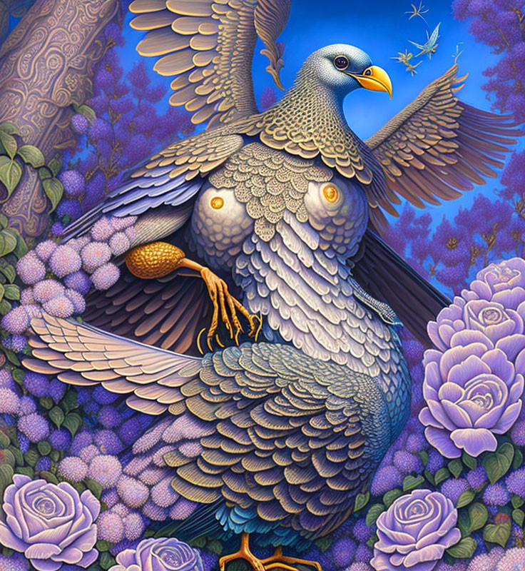 Colorful Pigeon Illustration Surrounded by Flowers and Patterns