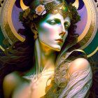 Ethereal figure with horns and halo, adorned with flowers and jewelry