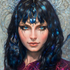 Blue-skinned woman in fantasy portrait with intricate headdress and horns.