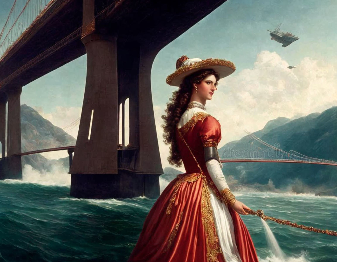 Historical woman by sea with bridge, mountains, and dirigible in sky