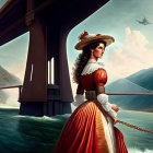 Historical woman by sea with bridge, mountains, and dirigible in sky