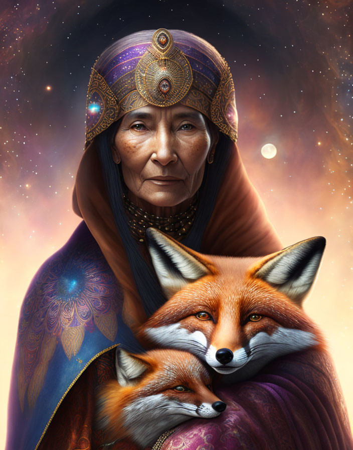 Elder woman with regal headdress, foxes, and cosmic backdrop