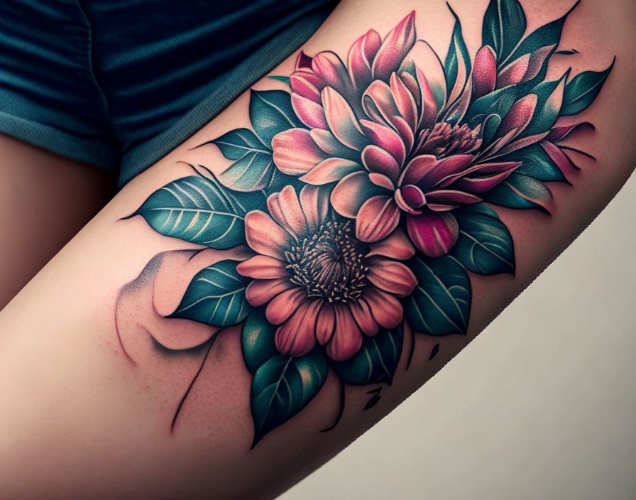 Colorful floral thigh tattoo with pink and purple hues and lush petals and green leaves.