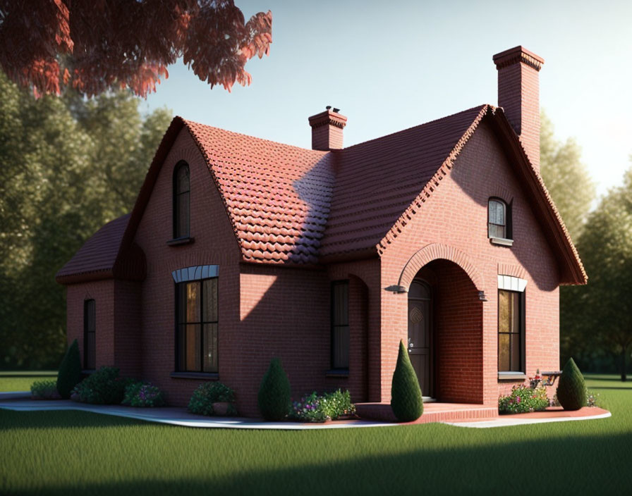 Small Brick House with Red Tile Roof Surrounded by Greenery and Trees