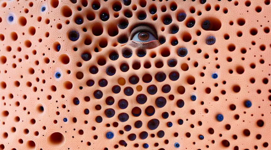 Human eye peeks through porous sponge-like surface with holes