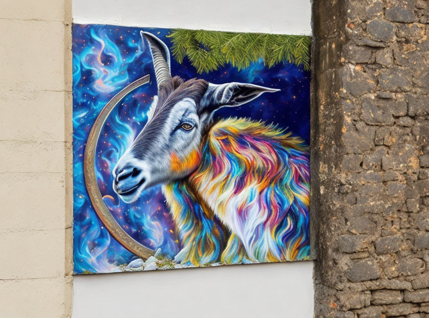 Vibrant psychedelic goat painting on outdoor wall