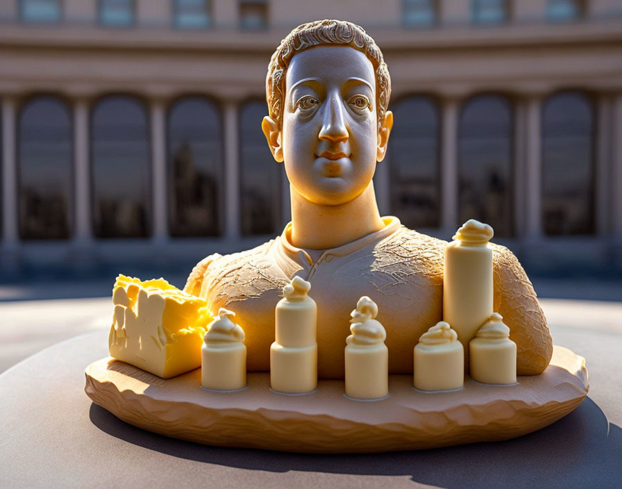 Cheese bust sculpture with weights and pieces on pedestal in front of blurred building.