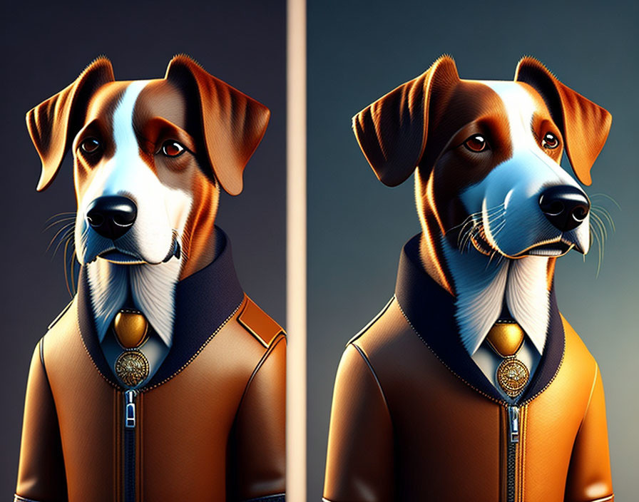 Digital illustration of a dog in a jacket and medallion before and after color enhancement