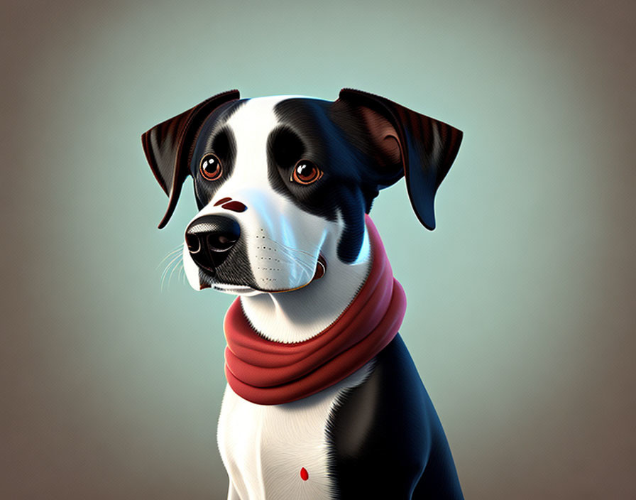 Monochrome dog with red scarf in digital art