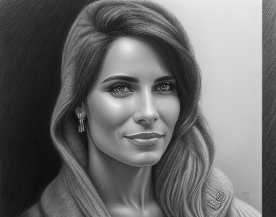 Detailed pencil sketch of serene woman in hooded garment with realistic features