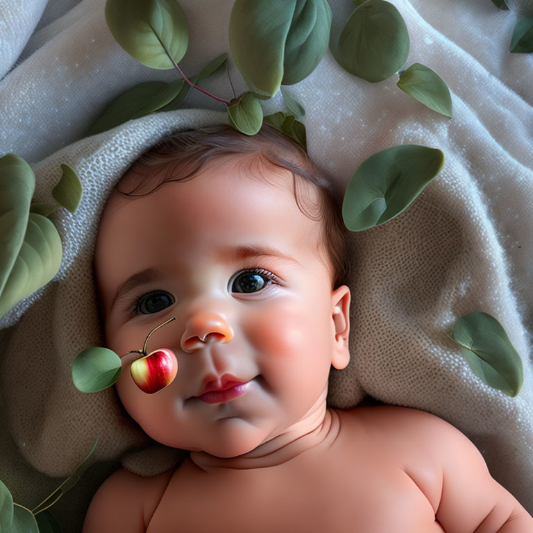 Cherubic baby with sparkling eyes and cherry nose accessory in leafy setting