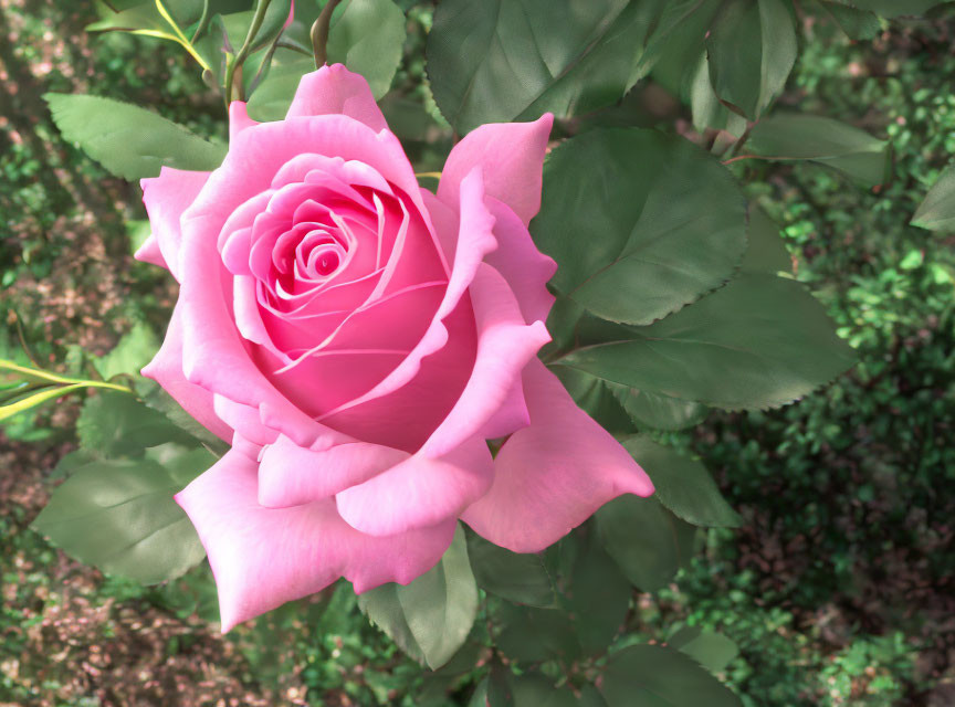 Pink rose with layered petals in full bloom on blurred natural background