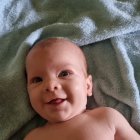 Cherubic baby with sparkling eyes and cherry nose accessory in leafy setting