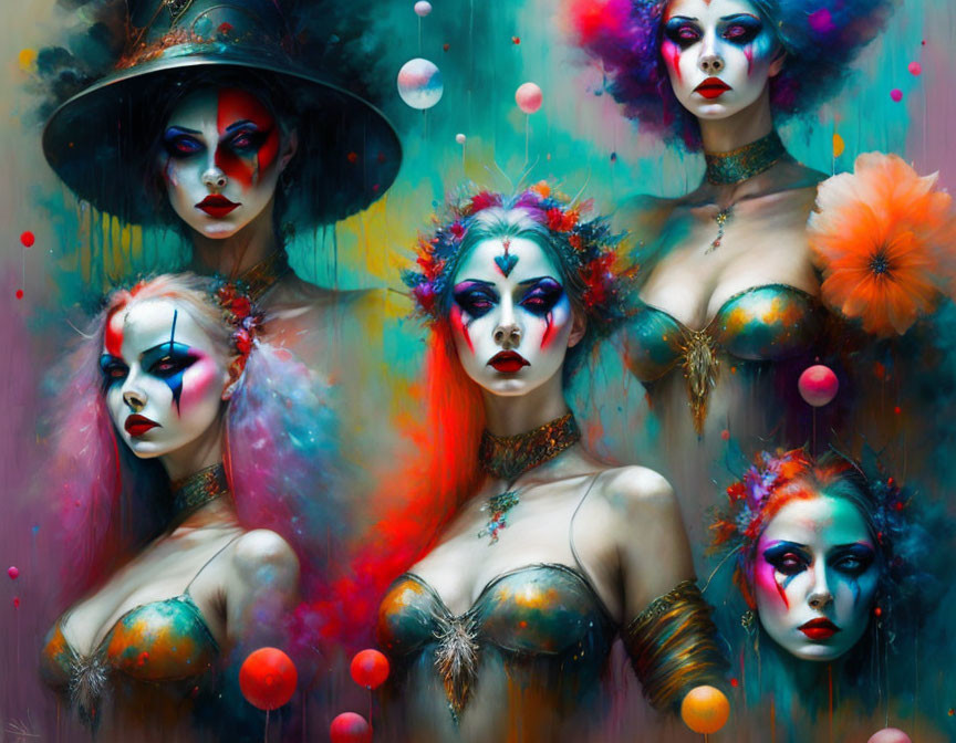 Four women with vibrant fantasy makeup and body paint in mystical setting