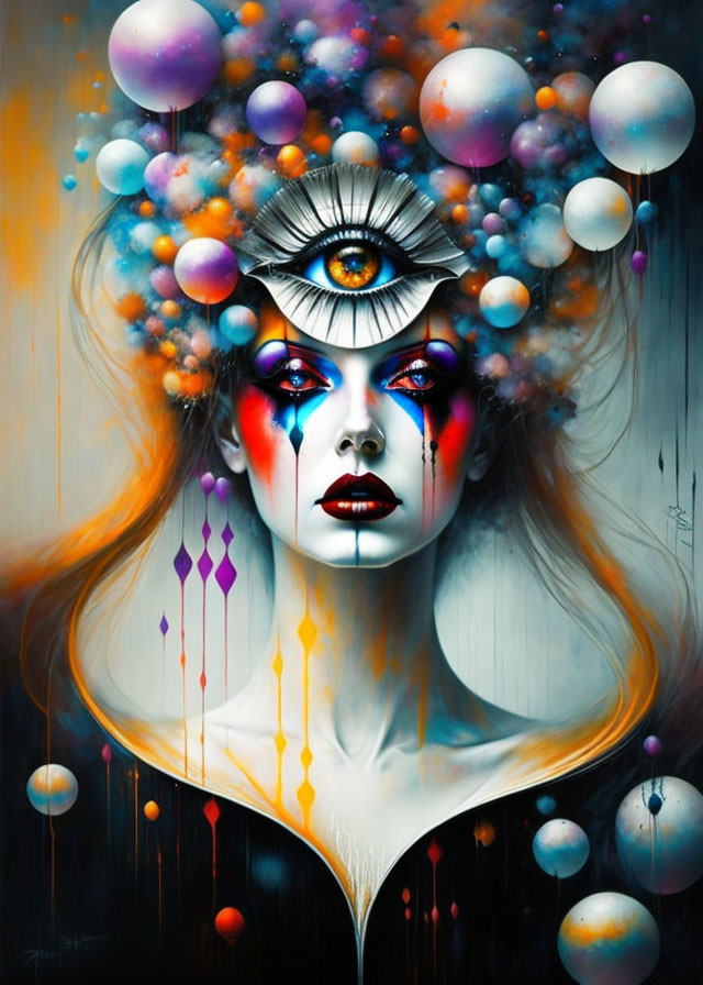 Surrealist painting: Woman's face with eye on forehead, colorful bubbles & vibrant hues