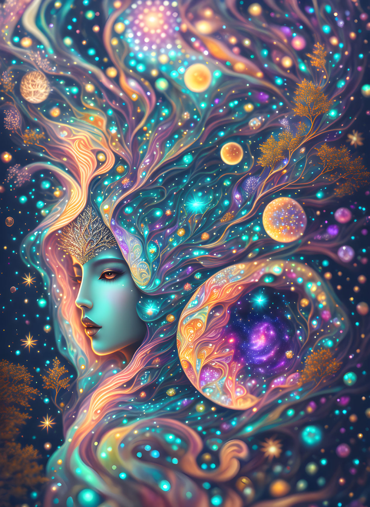 Surreal illustration blending woman's face with cosmic scene