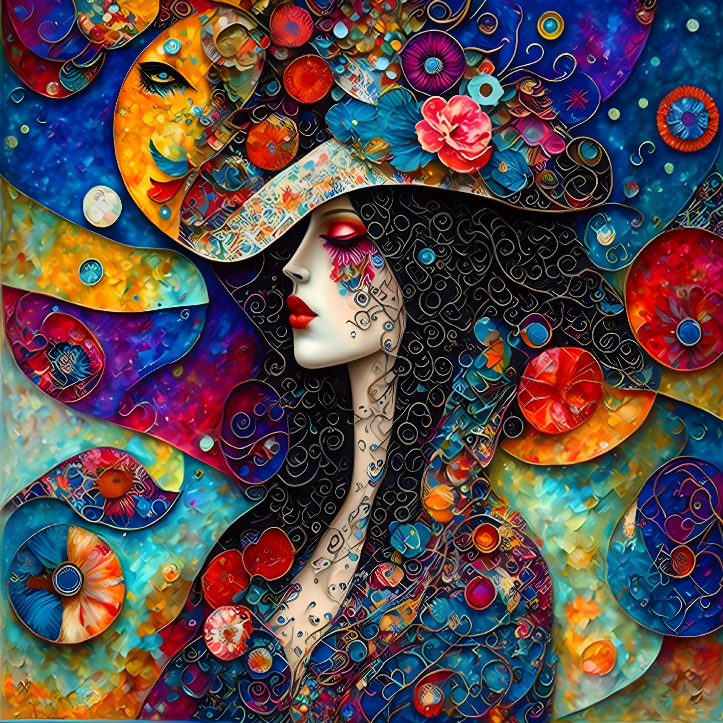 Colorful Woman Portrait with Decorated Hat & Celestial Patterns