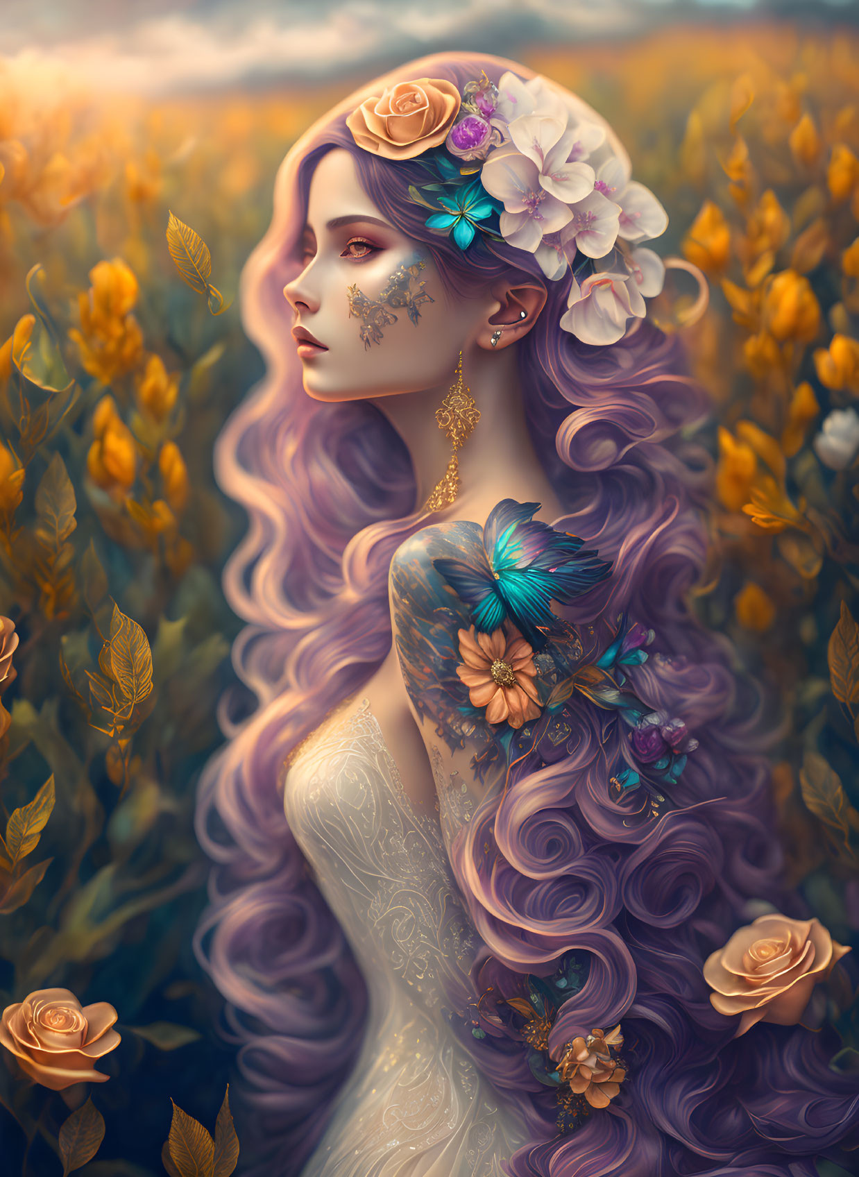 Digital artwork: Woman with lavender hair in white dress, surrounded by golden flowers and butterfly.
