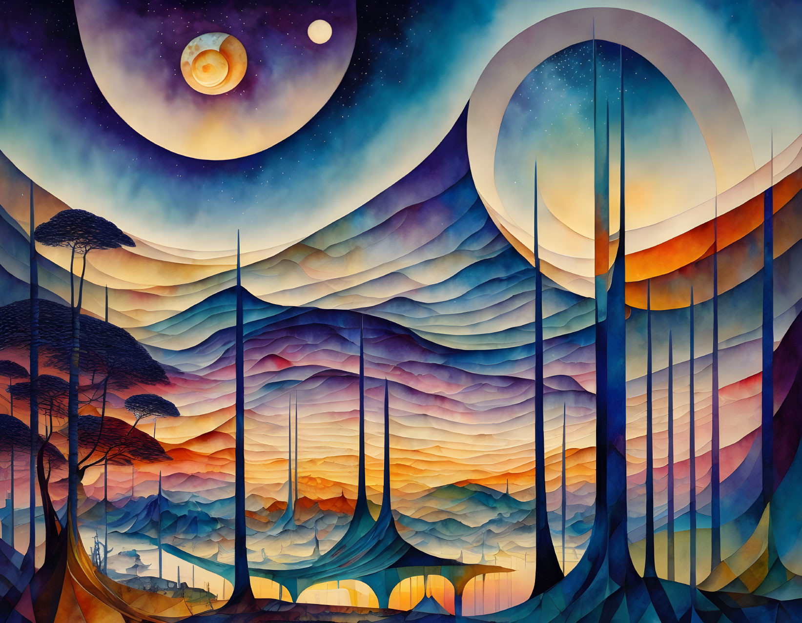 Colorful painting of rolling hills, trees, and spindly structures under a moonlit sky