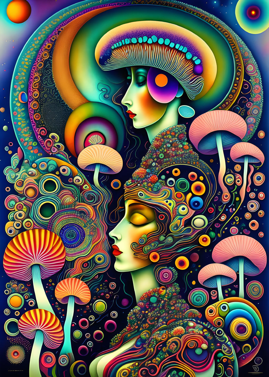 Colorful Psychedelic Artwork: Stylized Profiles, Mushrooms, Celestial Bodies